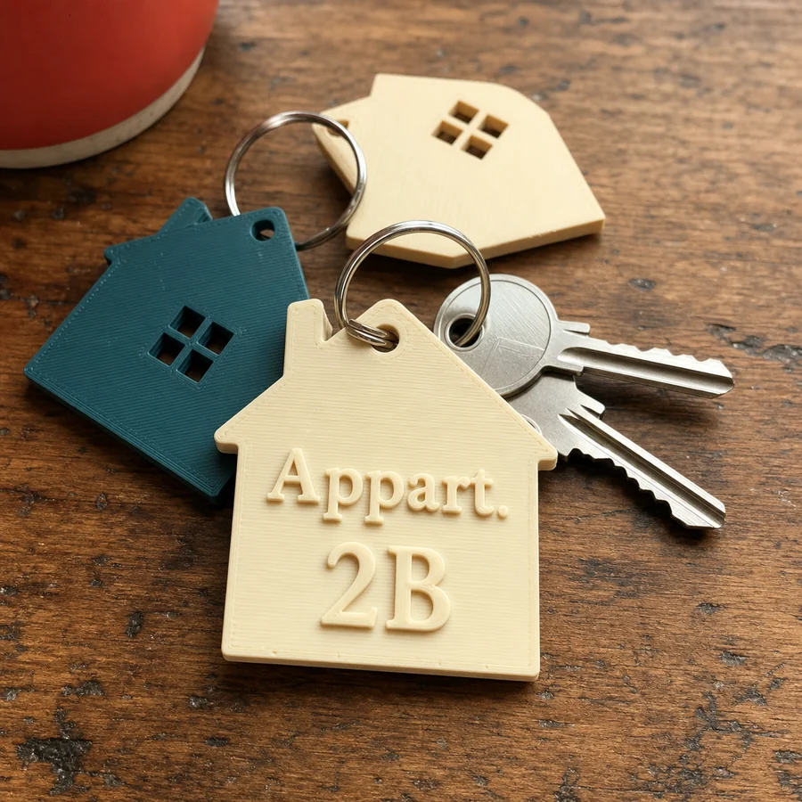 Porte-clés en forme de maison imprimé en 3D avec le texte Appart. 2B